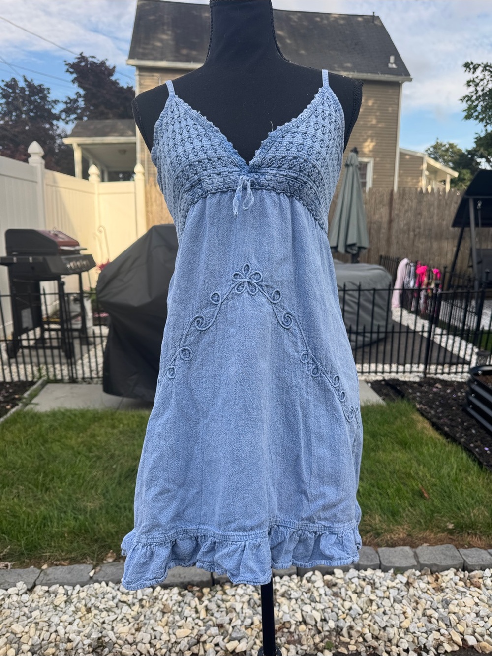 Blanco small Blue Crochet-Top Sundress with Floral Embroidery